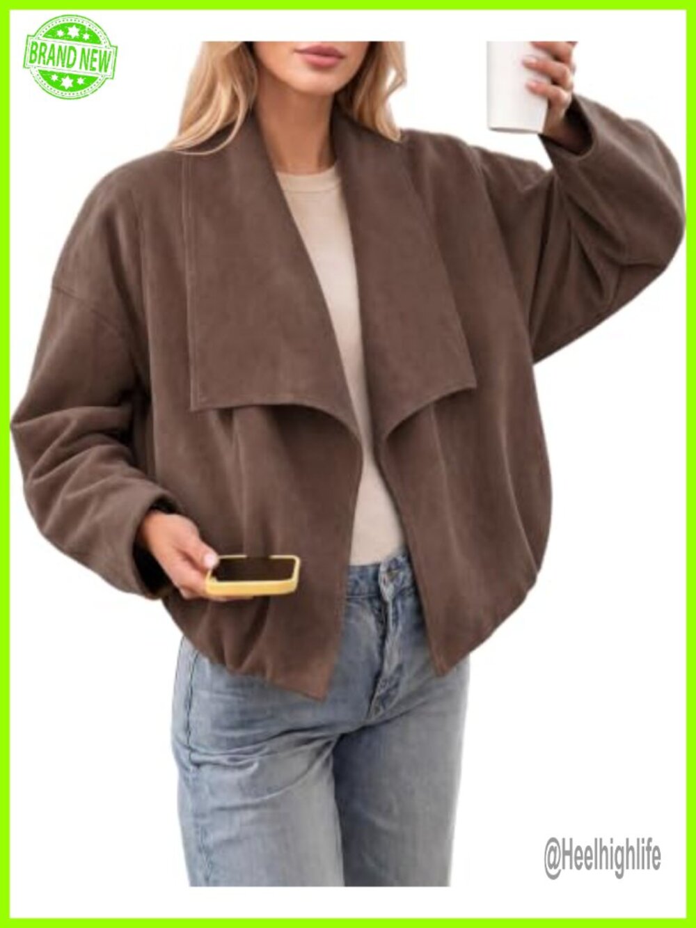 Faux Suede Open Front Cropped Oversized Jacket